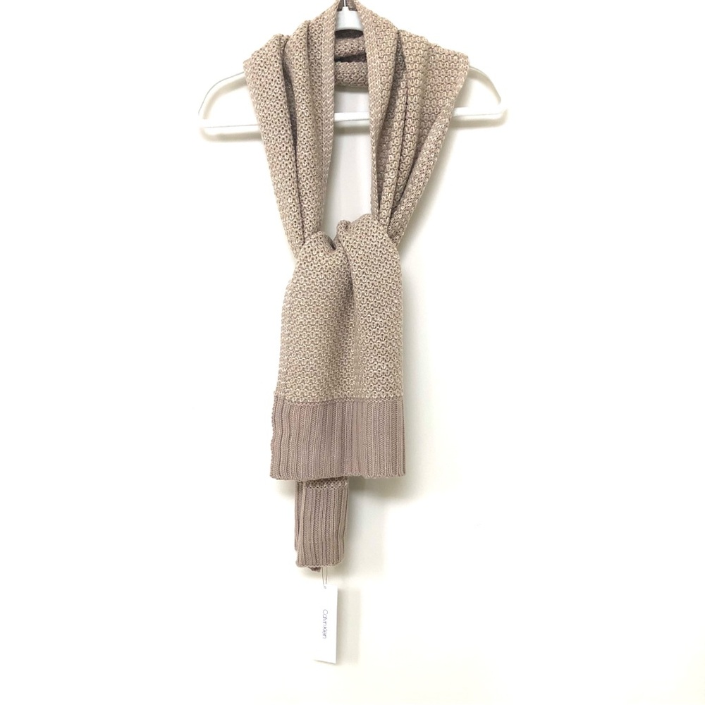 Calvin Klein ~ Tan with Gold Metallic Threads ~ Soft, Chunky Knitted Scarf ~ NWT